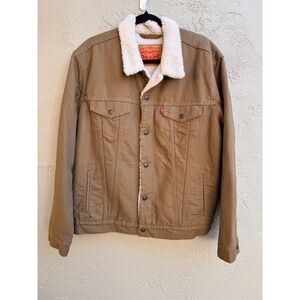 Levis Mens Tan Sherpa Trucker Jacket Canvas Western Chore Workwear Ranch